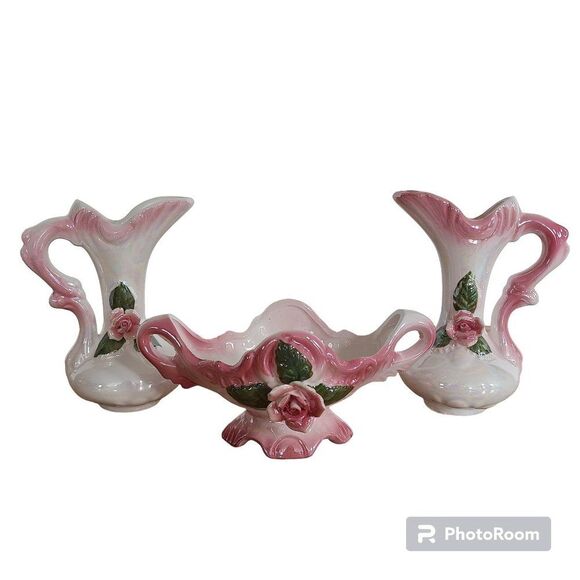 Three Piece Iridescent Lusterware Pink Bud Vase Set 3-D Capodimonte Flowers - Picture 1 of 15